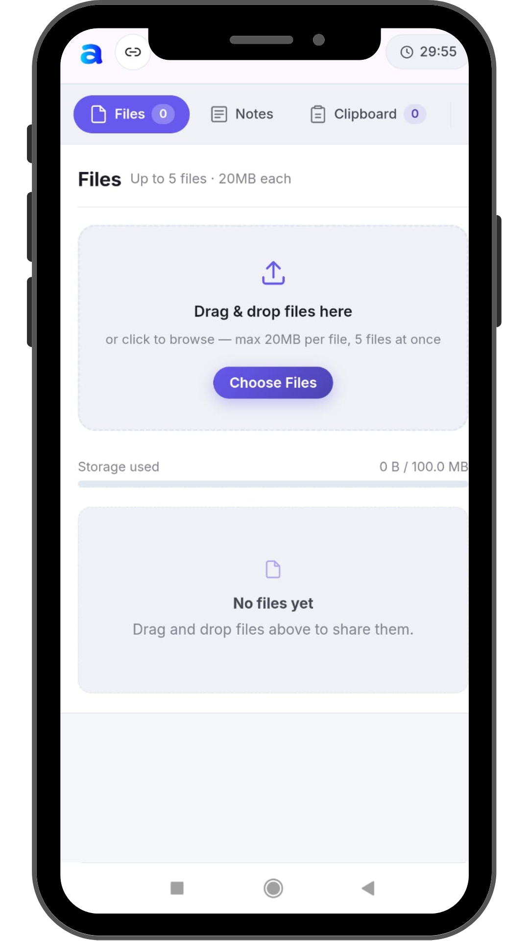 A4Share App Screenshot — Files, Notes, and Clipboard sharing interface on Android